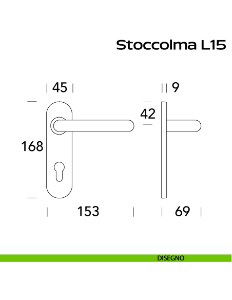 Maniglia in acciaio per porta tagliafuoco Stoccolma L15 Reguitti Inox con placca disegno