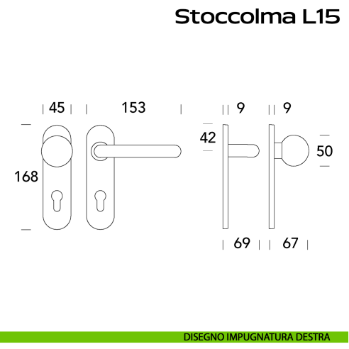 Maniglia per porta tagliafuoco in acciaio Stoccolma L15 e pomolo fisso 059 foro yale Reguitti Inox con placca disegno DX