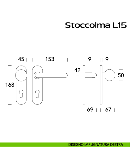 Maniglia per porta tagliafuoco in acciaio Stoccolma L15 e pomolo fisso 059 foro yale Reguitti Inox con placca disegno DX