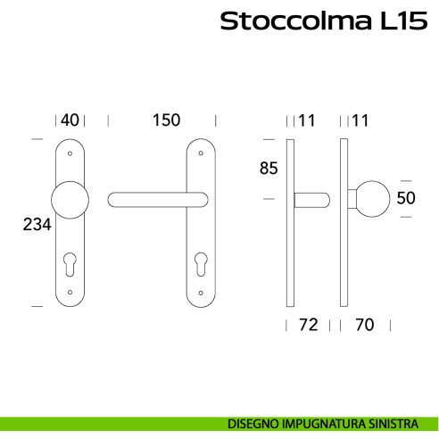 Maniglia per porta tagliafuoco in acciaio Stoccolma L15 e pomolo fisso 059 foro yale Reguitti Inox con placca disegno SX