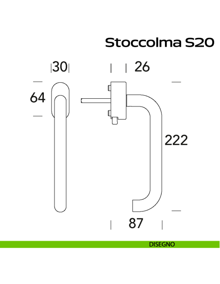Maniglia in acciaio per finestra DK con pulsante su placca Stoccolma 200 Reguitti Inox disegno