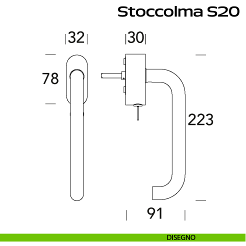 Maniglia in acciaio per finestra DK con chiave Stoccolma 200 Reguitti Inox disegno