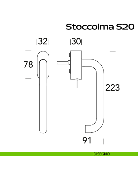 Maniglia in acciaio per finestra DK con chiave Stoccolma 200 Reguitti Inox disegno