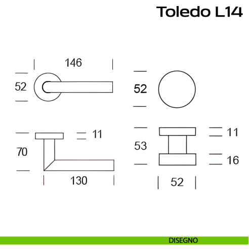 Maniglia in acciaio Toledo L14 e pomolo fisso 2Q1 Reguitti Inox rosetta tonda - disegno