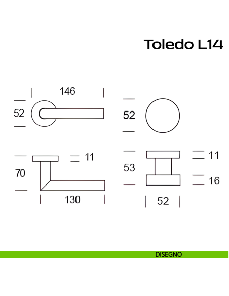 Maniglia in acciaio Toledo L14 e pomolo fisso 2Q1 Reguitti Inox rosetta tonda - disegno