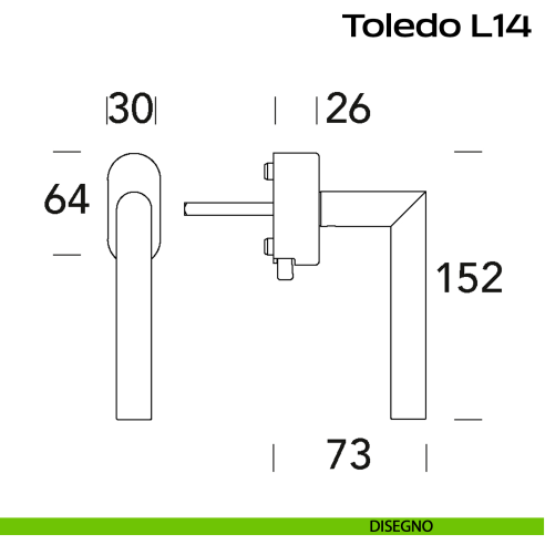 Maniglia in acciaio DK per finestra con pulsante su placca Toledo L14 Reguitti Inox rosetta ovale disegno