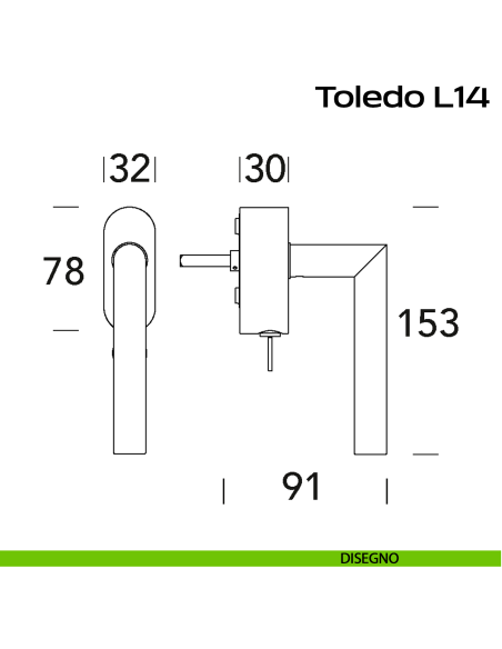 Maniglia in acciaio DK per finestra con chiave Toledo L14 Reguitti Inox rosetta ovale disegno