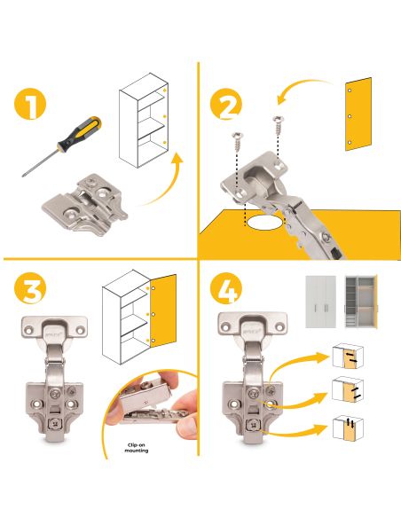 Emuca Lotto di 20 cerniere collo dritto X91N con basette a vite, altezza 0, Acciaio, Nichelato