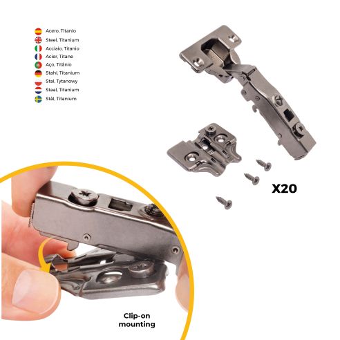 Emuca Lotto di 20 cerniere collo dritto X91N con basette a vite, altezza 0, Acciaio, Titanio