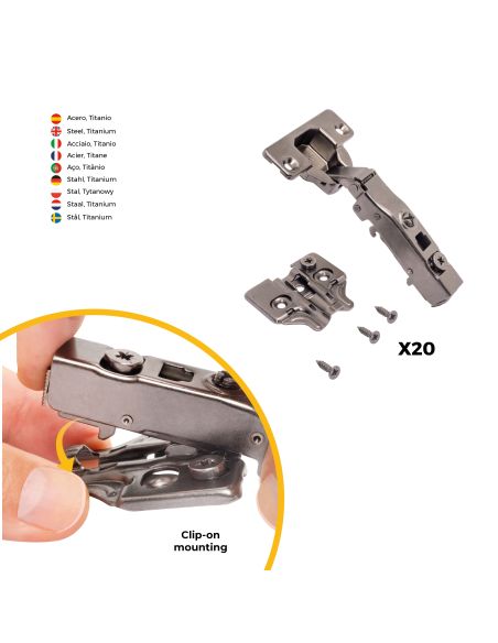 Emuca Lotto di 20 cerniere collo dritto X91N con basette a vite, altezza 0, Acciaio, Titanio