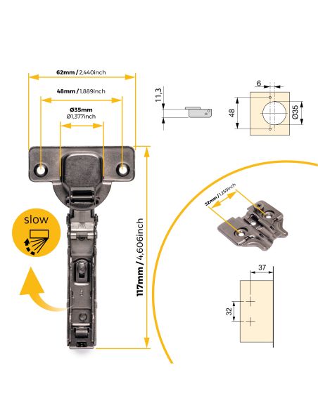 Emuca Lotto di 20 cerniere collo dritto X91N con basette a vite, altezza 0, Acciaio, Titanio