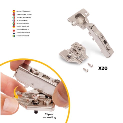 Emuca Lotto di 20 cerniere collo dritto X91N con basette montaggio misto, diametro 5x9,5 mm, altezza 0, Acciaio, Nichelato