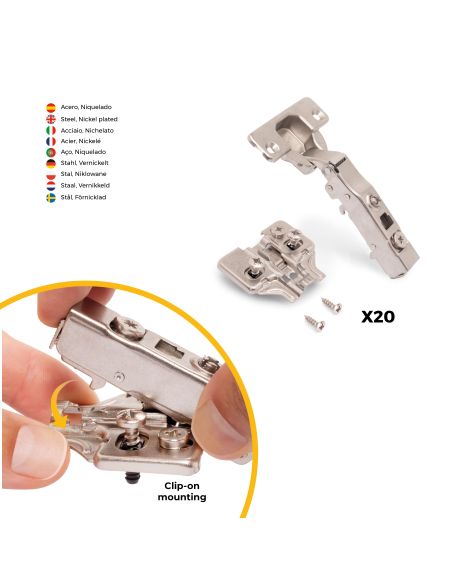Emuca Lotto di 20 cerniere collo dritto X91N con basette montaggio misto, diametro 5x9,5 mm, altezza 0, Acciaio, Nichelato