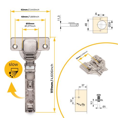 Emuca Lotto di 20 cerniere collo dritto X91N con basette montaggio misto, diametro 5x9,5 mm, altezza 0, Acciaio, Nichelato