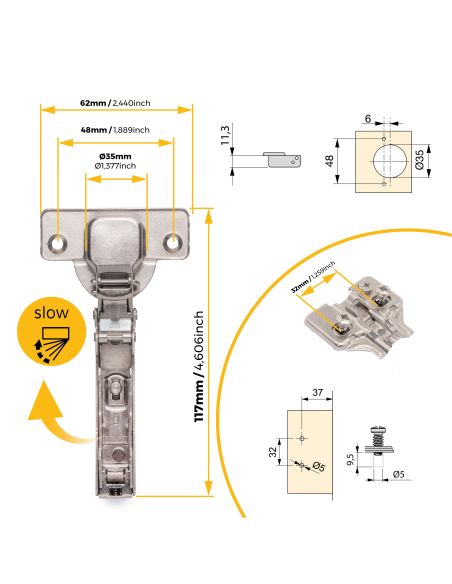 Emuca Lotto di 20 cerniere collo dritto X91N con basette montaggio misto, diametro 5x9,5 mm, altezza 0, Acciaio, Nichelato
