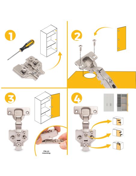 Emuca Lotto di 20 cerniere collo dritto X91N con basette montaggio misto, diametro 5x9,5 mm, altezza 0, Acciaio, Nichelato