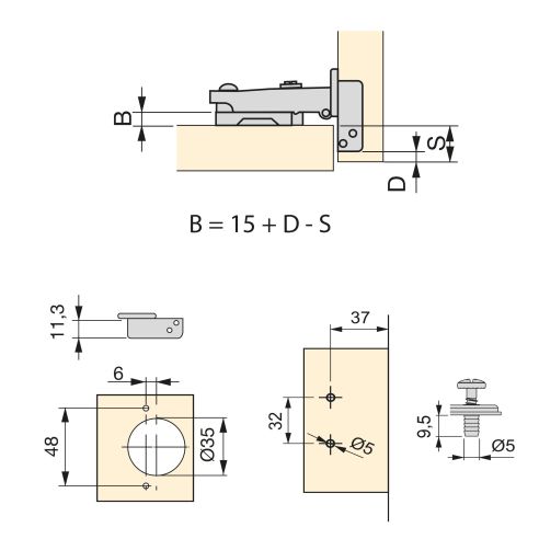 Emuca Lotto di 20 cerniere collo dritto X91N con basette montaggio misto, diametro 5x9,5 mm, altezza 0, Acciaio, Nichelato