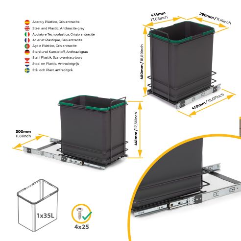 Emuca Recycle 1x35lt per il montaggio sul fondo e l'estrazione manuale nel mobile da cucina, Grigio antracite, Tecnoplastica