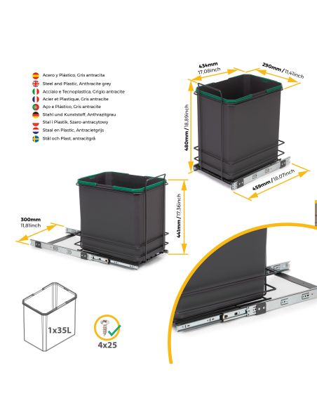 Emuca Recycle 1x35lt per il montaggio sul fondo e l'estrazione manuale nel mobile da cucina, Grigio antracite, Tecnoplastica