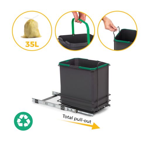 Emuca Recycle 1x35lt per il montaggio sul fondo e l'estrazione manuale nel mobile da cucina, Grigio antracite, Tecnoplastica