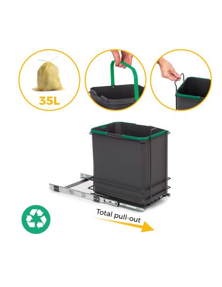 Emuca Recycle 1x35lt per il montaggio sul fondo e l'estrazione manuale nel mobile da cucina, Grigio antracite, Tecnoplastica