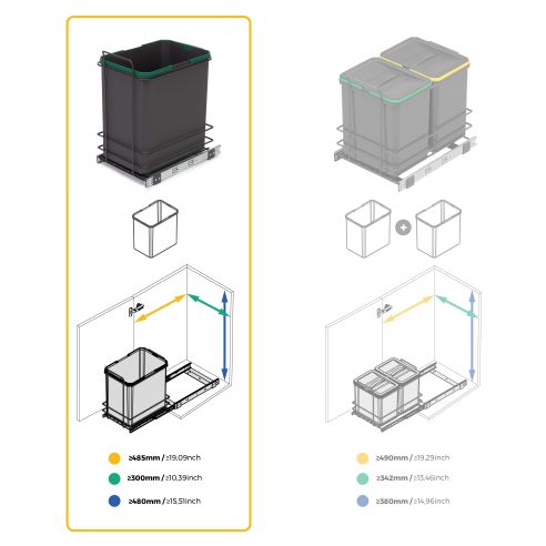 Emuca Recycle 1x35lt per il montaggio sul fondo e l'estrazione manuale nel mobile da cucina, Grigio antracite, Tecnoplastica