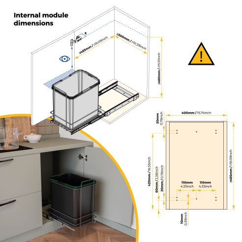 Emuca Recycle 1x35lt per il montaggio sul fondo e l'estrazione manuale nel mobile da cucina, Grigio antracite, Tecnoplastica