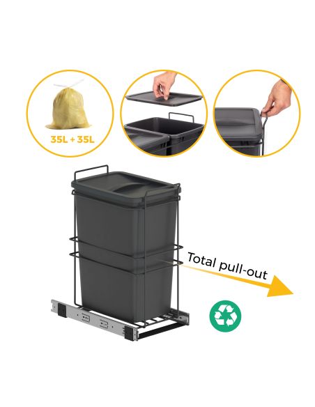 Emuca Pattumiera per differenziata Recycle da cucina, 35 L, fissaggio sul fondo ed estrazione manuale, Tecnoplastica grigio