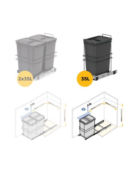Emuca Pattumiera per differenziata Recycle da cucina, 35 L, fissaggio sul fondo ed estrazione manuale, Tecnoplastica grigio