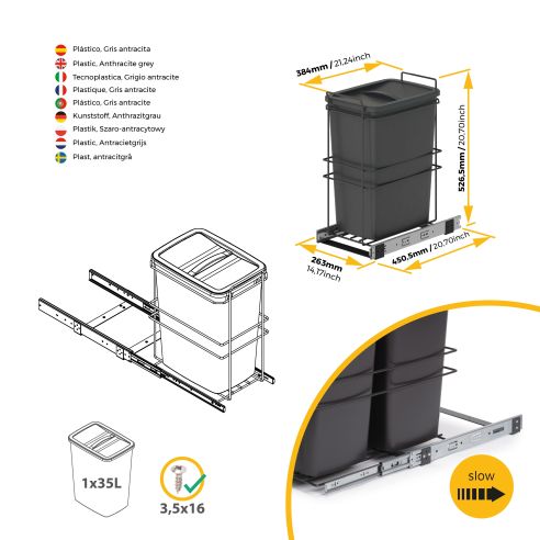 Emuca Pattumiera per differenziata Recycle da cucina, 35 L, fissaggio sul fondo ed estrazione manuale, Tecnoplastica grigio