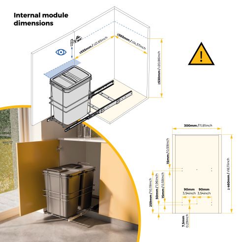 Emuca Pattumiera per differenziata Recycle da cucina, 35 L, fissaggio sul fondo ed estrazione manuale, Tecnoplastica grigio