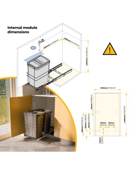 Emuca Pattumiera per differenziata Recycle da cucina, 35 L, fissaggio sul fondo ed estrazione manuale, Tecnoplastica grigio
