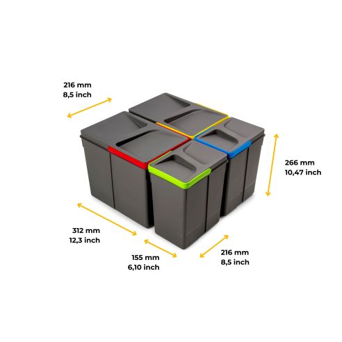 Emuca Kit di contenitori per la raccolta differenziata per cassetti da cucina Recycle Altezza Recycle 266 mm, 2x15 lt, 2x7 lt