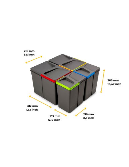 Emuca Kit di contenitori per la raccolta differenziata per cassetti da cucina Recycle Altezza Recycle 266 mm, 2x15 lt, 2x7 lt