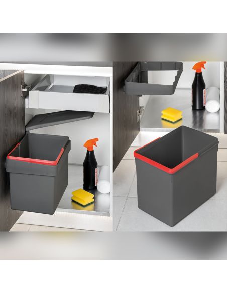 Emuca Contenitore per riciclaggio Recycle per fissaggio sull'anta con un secchio da 15 Litri, Plastica grigio antracite