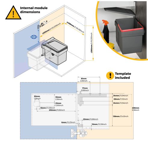Emuca Contenitore per riciclaggio Recycle per fissaggio sull'anta con un secchio da 15 Litri, Plastica grigio antracite