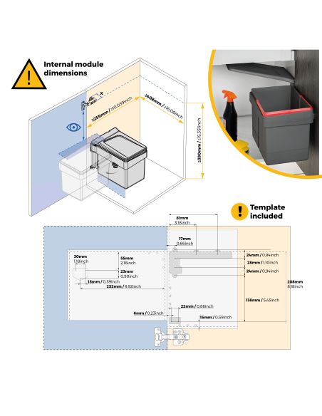 Emuca Contenitore per riciclaggio Recycle per fissaggio sull'anta con un secchio da 15 Litri, Plastica grigio antracite