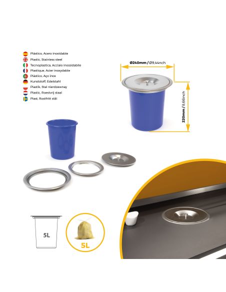 Emuca Pattumiera da incasso Recycle per piano cucina, 6 litri, Acciaio inossidabile