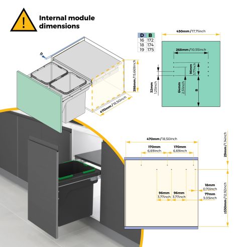 Emuca Recycle, contenitore per la raccolta differenziata da montare lateralmente sul mobile della cucina Recycle 2x24lt, Acciaio