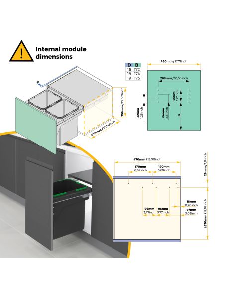 Emuca Recycle, contenitore per la raccolta differenziata da montare lateralmente sul mobile della cucina Recycle 2x24lt, Acciaio