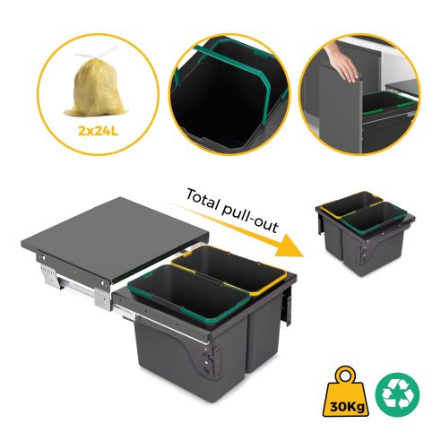 Emuca Recycle, contenitore per la raccolta differenziata da montare lateralmente sul mobile della cucina Recycle 2x24lt, Acciaio