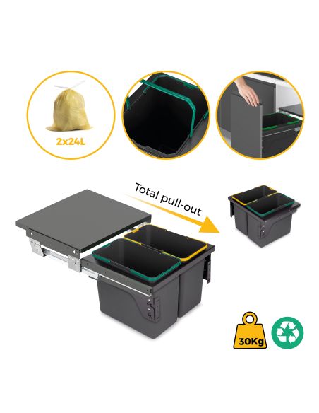 Emuca Recycle, contenitore per la raccolta differenziata da montare lateralmente sul mobile della cucina Recycle 2x24lt, Acciaio