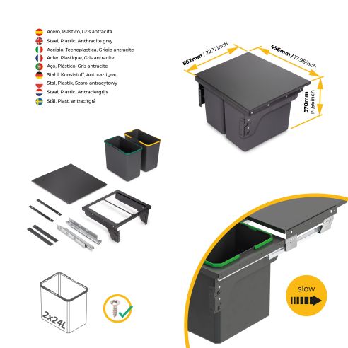 Emuca Recycle, contenitore per la raccolta differenziata da montare lateralmente sul mobile della cucina Recycle 2x24lt, Acciaio