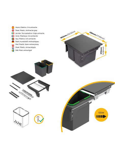 Emuca Recycle, contenitore per la raccolta differenziata da montare lateralmente sul mobile della cucina Recycle 2x24lt, Acciaio