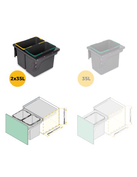 Emuca Recycle, contenitore per la raccolta differenziata da montare lateralmente sul mobile della cucina Recycle 2x24lt, Acciaio