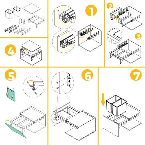 Emuca Recycle, contenitore per la raccolta differenziata da montare lateralmente sul mobile della cucina Recycle 2x24lt, Acciaio