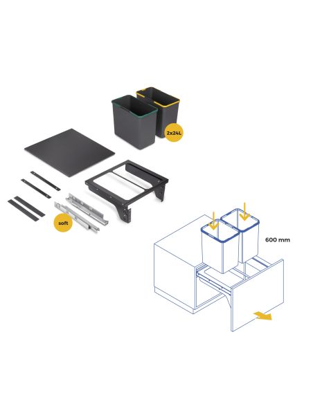 Emuca Recycle, contenitore per la raccolta differenziata da montare lateralmente sul mobile della cucina Recycle 2x24lt, Acciaio