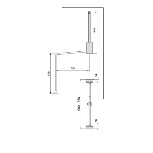 Emuca Appendiabiti per armadio Hang, larghezza regolabile 600-830 mm, Acciaio e Tecnoplastica, Verniciato grigio pietra