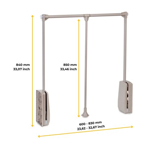 Emuca Appendiabiti per armadio Hang, larghezza regolabile 600-830 mm, Acciaio e Tecnoplastica, Verniciato grigio pietra