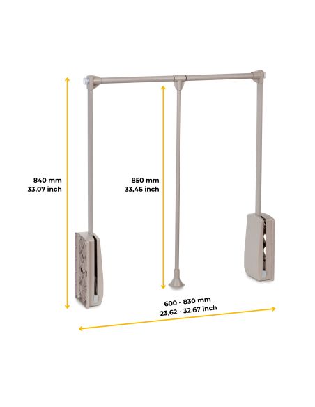 Emuca Appendiabiti per armadio Hang, larghezza regolabile 600-830 mm, Acciaio e Tecnoplastica, Verniciato grigio pietra